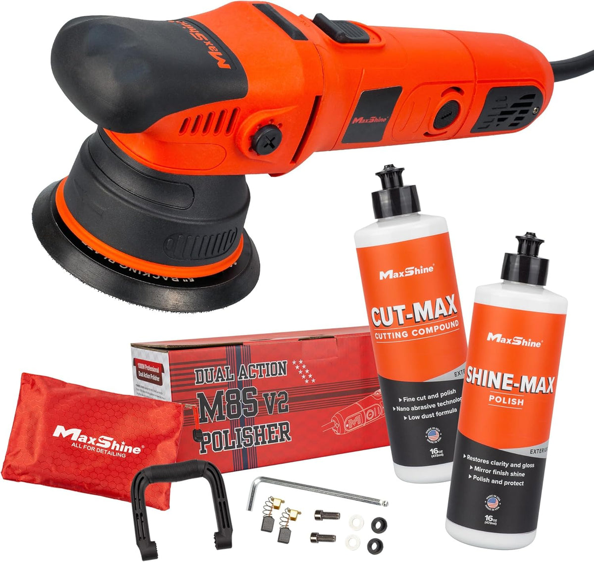 Maxshine 3 Pieces M8S V2 Dual Action Polisher &16oz Compound/Polish Car Detailing Kit - 1000W, 8mm Throw, 5” Plate, Thread 5/16”-24 - Powerful Auto Detailing Tool for Paint Protection (M8S V2 Kit 2)