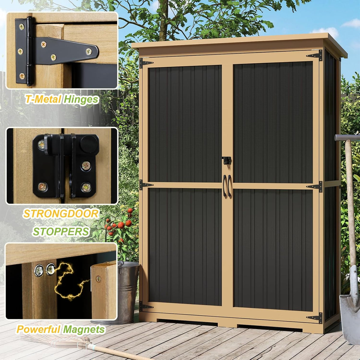 Outdoor Storage Shed with Adjustable Shelf, Wood & Metal Storage Cabinet Waterproof with Lockable Doors & Sloping Roof,Vertical Garden Shed for Patio Backyard, Tool Shed and Accessories, Brown