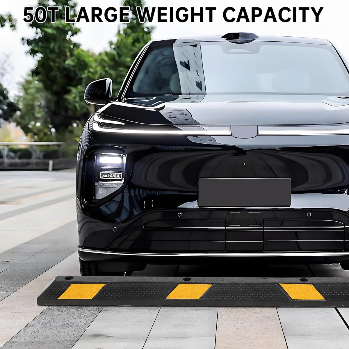 Pack of 2-72" Parking Stoppers for Garage, Heavy Duty Rubber Parking Curb with Reflective Stripe, Garage Floor Wheel Stopper for Car Vehicles Truck, Installation Kit Included