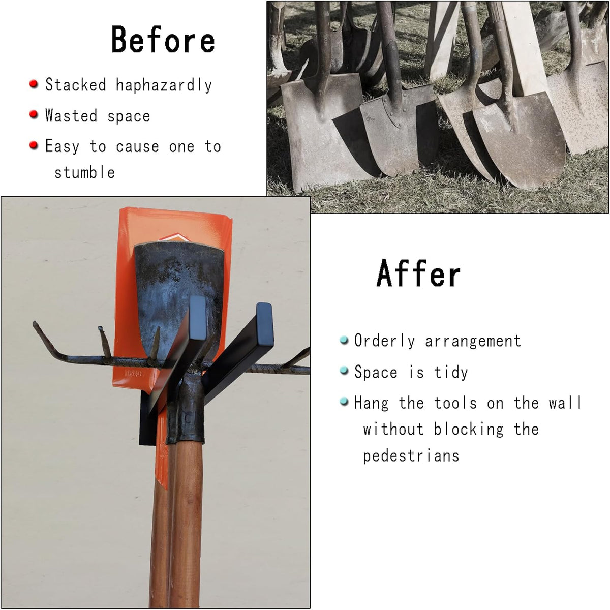 Garden Tool Rack,Wall-Mounted Organizer for Shovels, Rakes, Brooms, and Trowels,Heavy-Duty Black Stainless Steel Tool Holder,Fits Handles Under 1.5" Diameter,Garage or Shed Storage