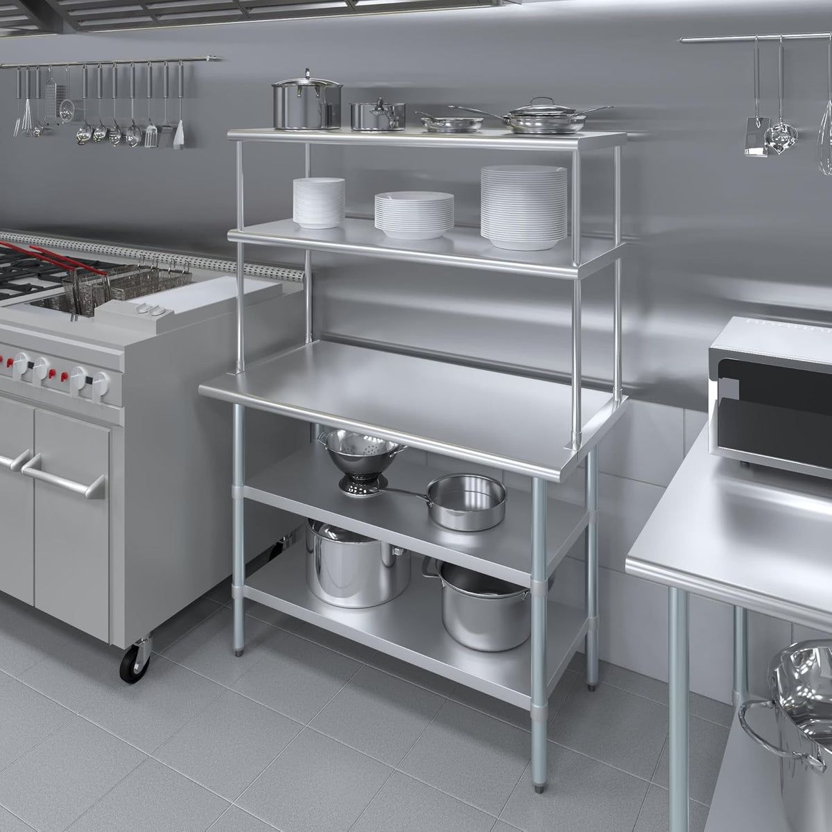 Amgood Stainless Steel Work Table with 2 Shelves | Metal Kitchen Prep Table & Shelving Combo (24" x 48" Table with 2 Shelves + 18" Overshelf)