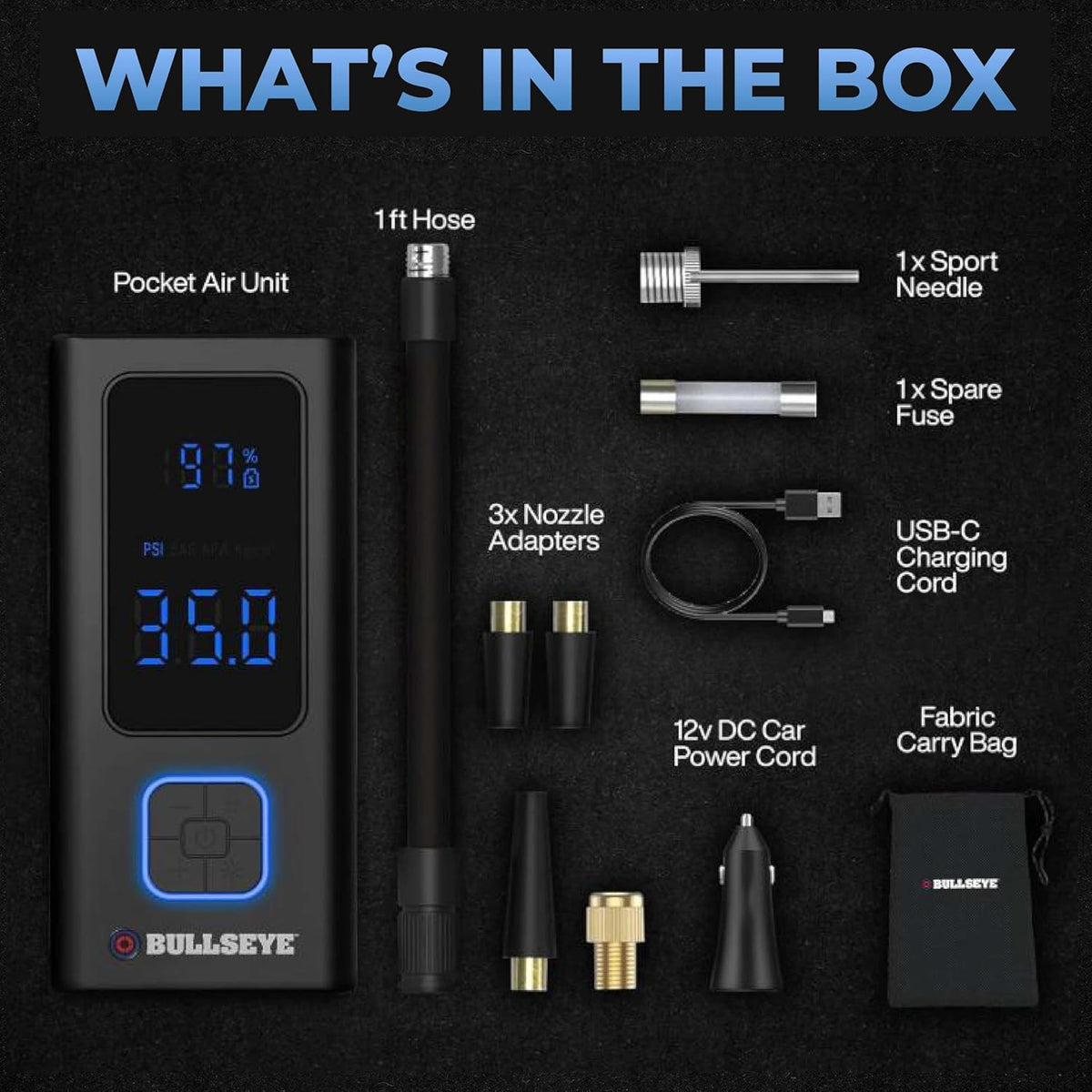 POCKET AIR PRO Tire Inflator Portable Air Compressor by Bullseye Pro for Tires, Balls, Bike with Persta Valve, Auto Shut Off, Inflates in 2 Min, Cordless Rechargeable 6000MAH,150 PSI, SoS Light