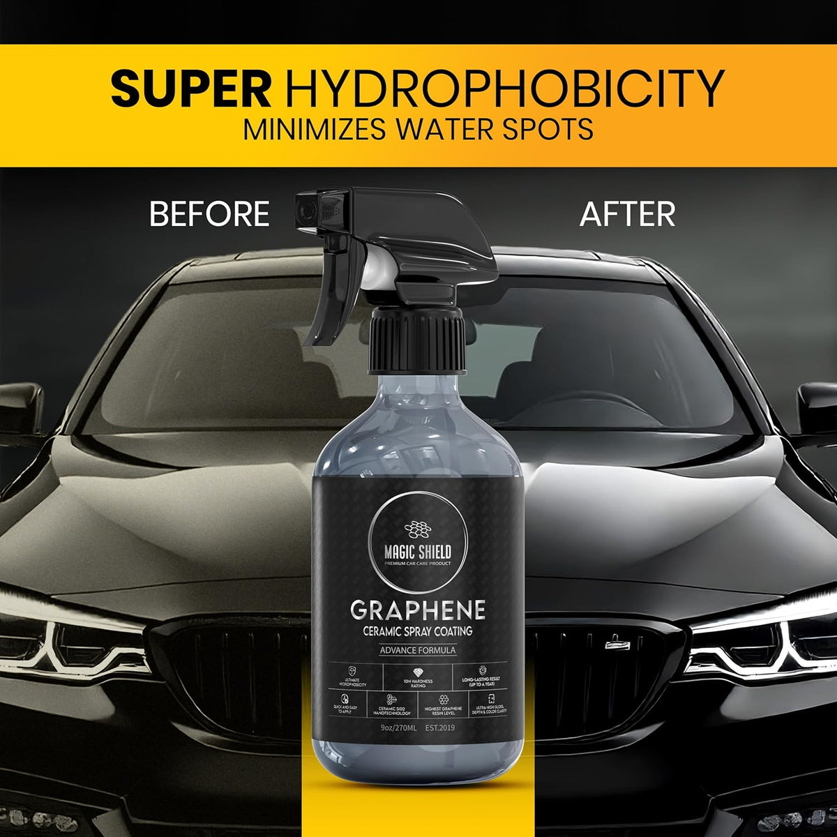 Graphene Ceramic Spray Coating - LAST SO LONG! Quick & Easy for Cars, Motorcycles, Boats & More - Professional-Grade Sealant for Maximum Gloss & Shine - Waterless Wash & Wax - 9oz Bottle