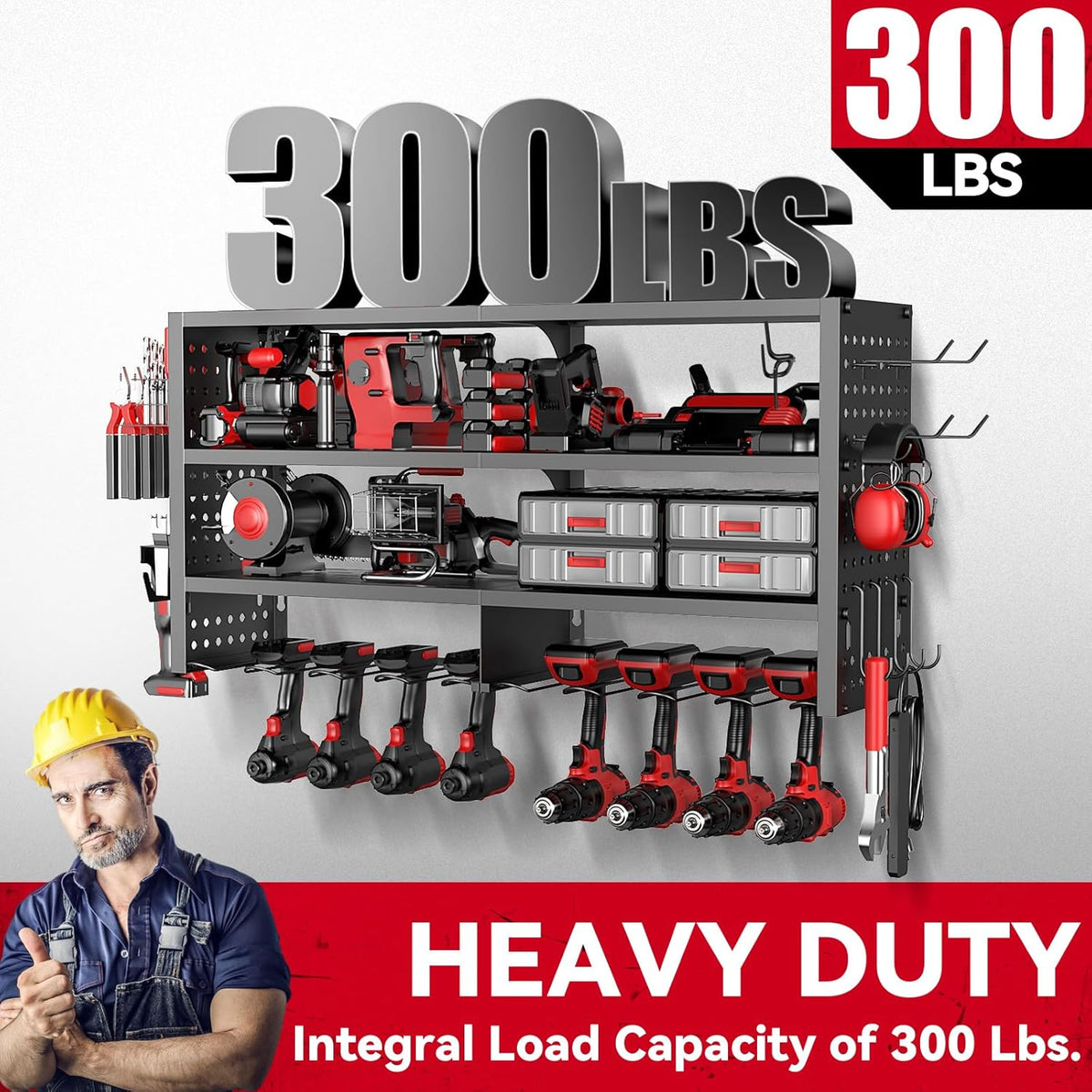 Power Tool Organizer Wall Mount, Heavy Duty 4-Tier Garage Storage Rack with Hooks and Cordless Drill Holder, Utility Racks for Screwdrivers, Pliers, Hammers,AngleGrinder, Shelf for Workbench