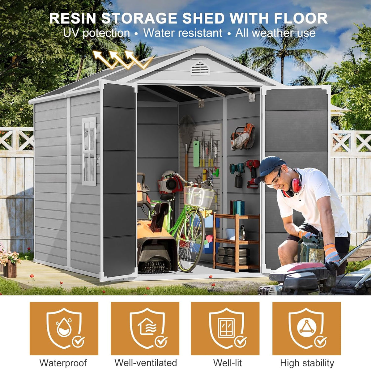 Restland 8x6 FT Resin Storage Shed with Floor, Waterproof Outdoor Plastic Sheds with Window for Backyard Garden Patio Lawn Tools, Gray