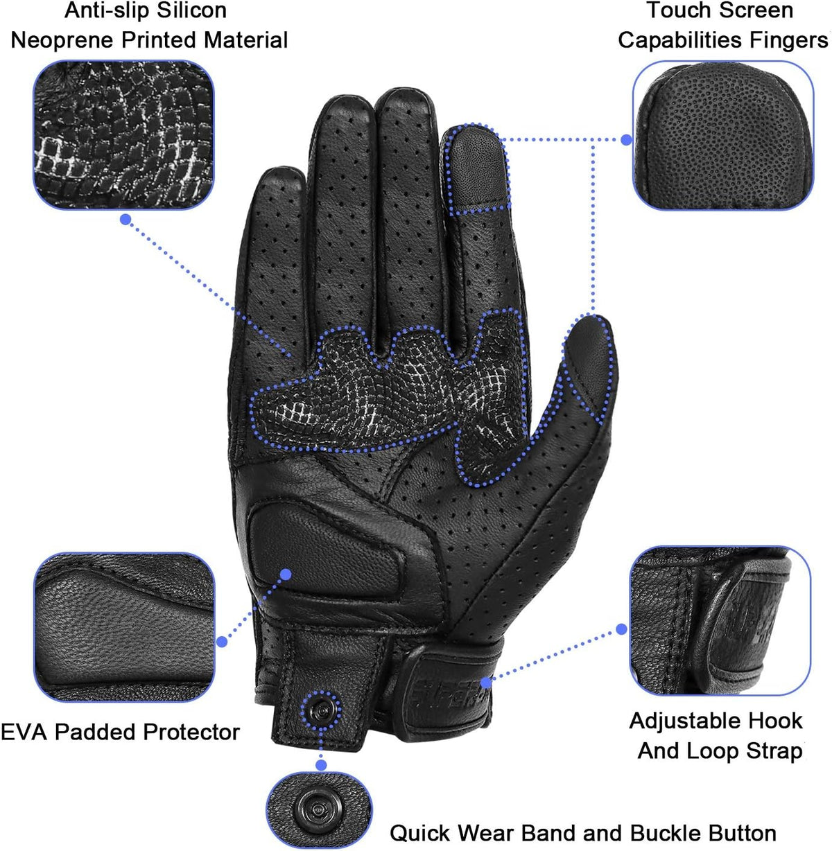 Updated Men’s Leather Motorcycle Gloves with Two Touchscreen Fingers Anti-Slip Motorbike Racing Gloves (Updated,Perforated, XXL)