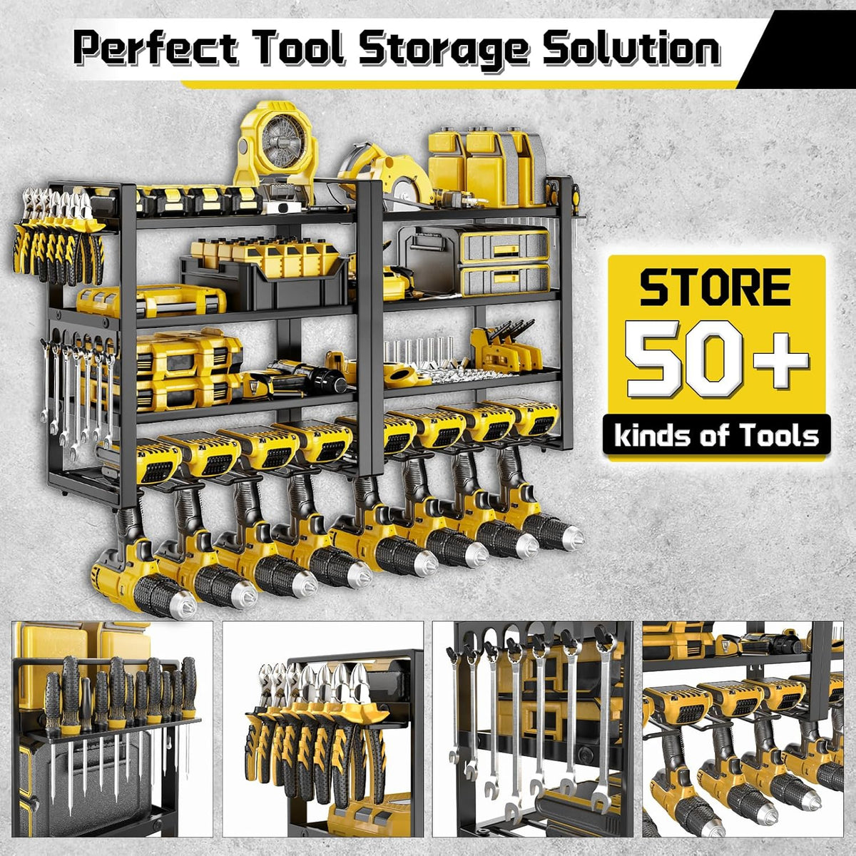 Large Power Tool Organizer Wall Mount, 8 Cordless Drill Holder, 4 Tier Metal Power Tool Shelf Battery Storage with 7 Hooks, Heavy Duty Utility Racks for Garage Workshop, Black