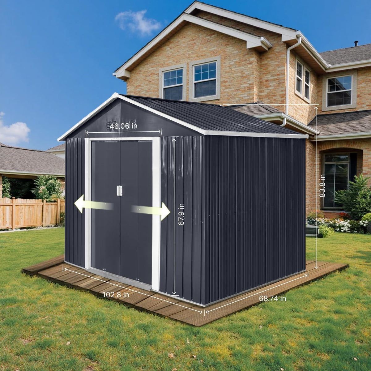 9.1' x 6.4' Outdoor Storage Shed, Sturdy Metal Building w/Windows & Lockable Doors for Garden, Backyard, Poolside and Lawn, Anthracite