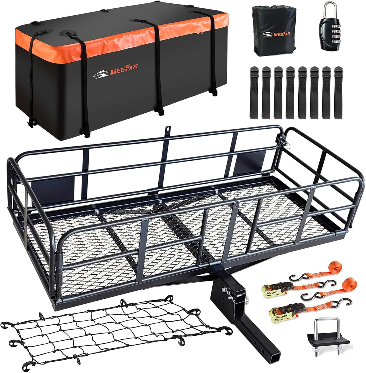 MeeFar High Rail Trailer Folding Hitch Mount Cargo Carrier Basket 60" X 24" X 14"+Waterproof Cargo Bag 20 cu ft(59" 24" 24"), Capacity of 500 Lbs with Hitch Stabilizer, Net, Lock and Straps