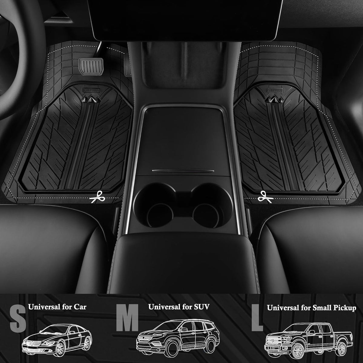 CAR PASS Small DeepDish Floor Mats for Cars, Heavy Duty Rubber Car Mats 2-Piece, Universal Trim-to Fit Automotive Floor Mats Front Only for Truck Van SUV Waterproof All Weather Car Mats (Black)