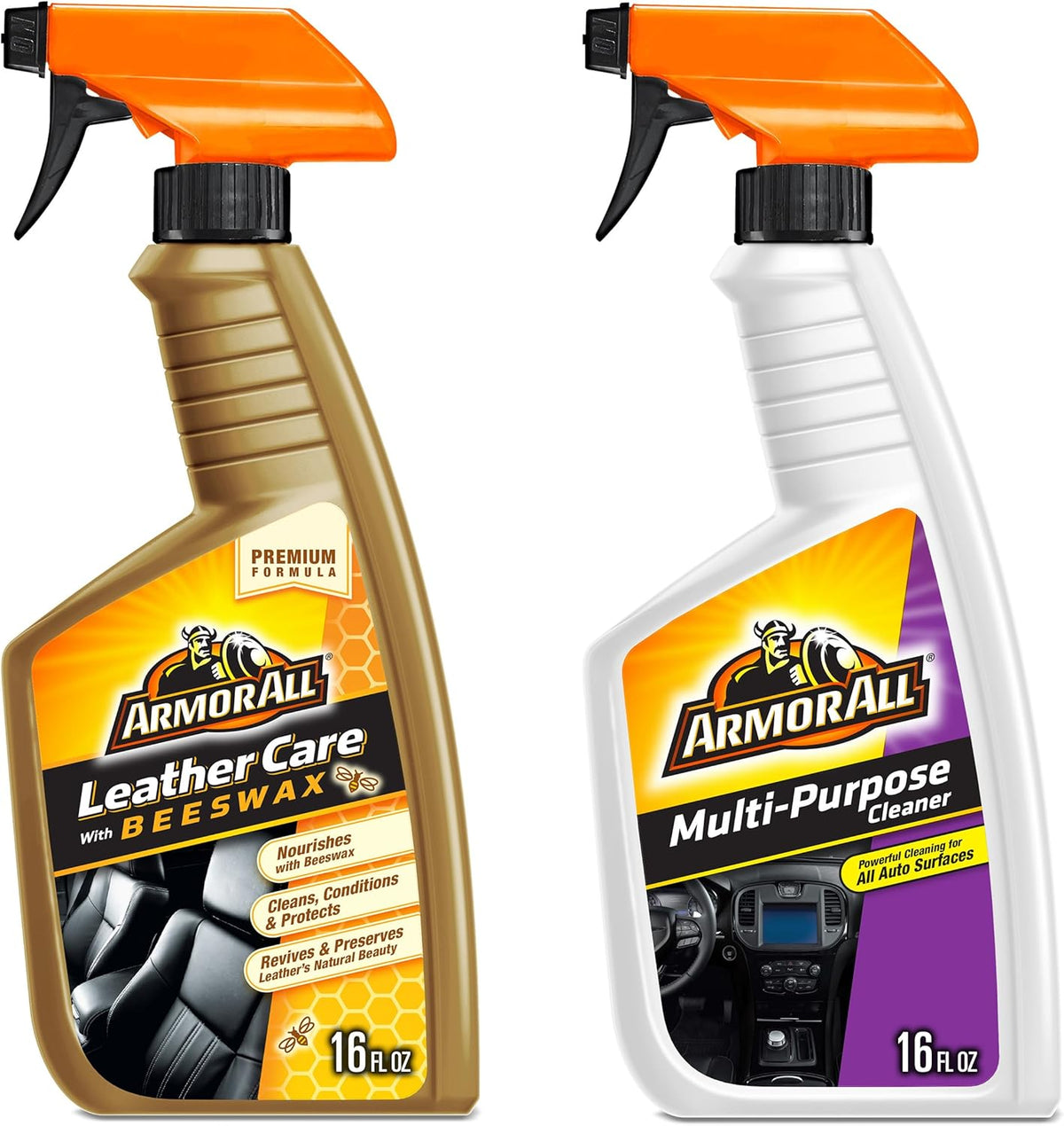 Armor All Car Leather Cleaner Spray, 16 Oz + Multi Purpose Cleaner, Car Cleaner Spray for All Auto Surfaces 16 Fl Oz