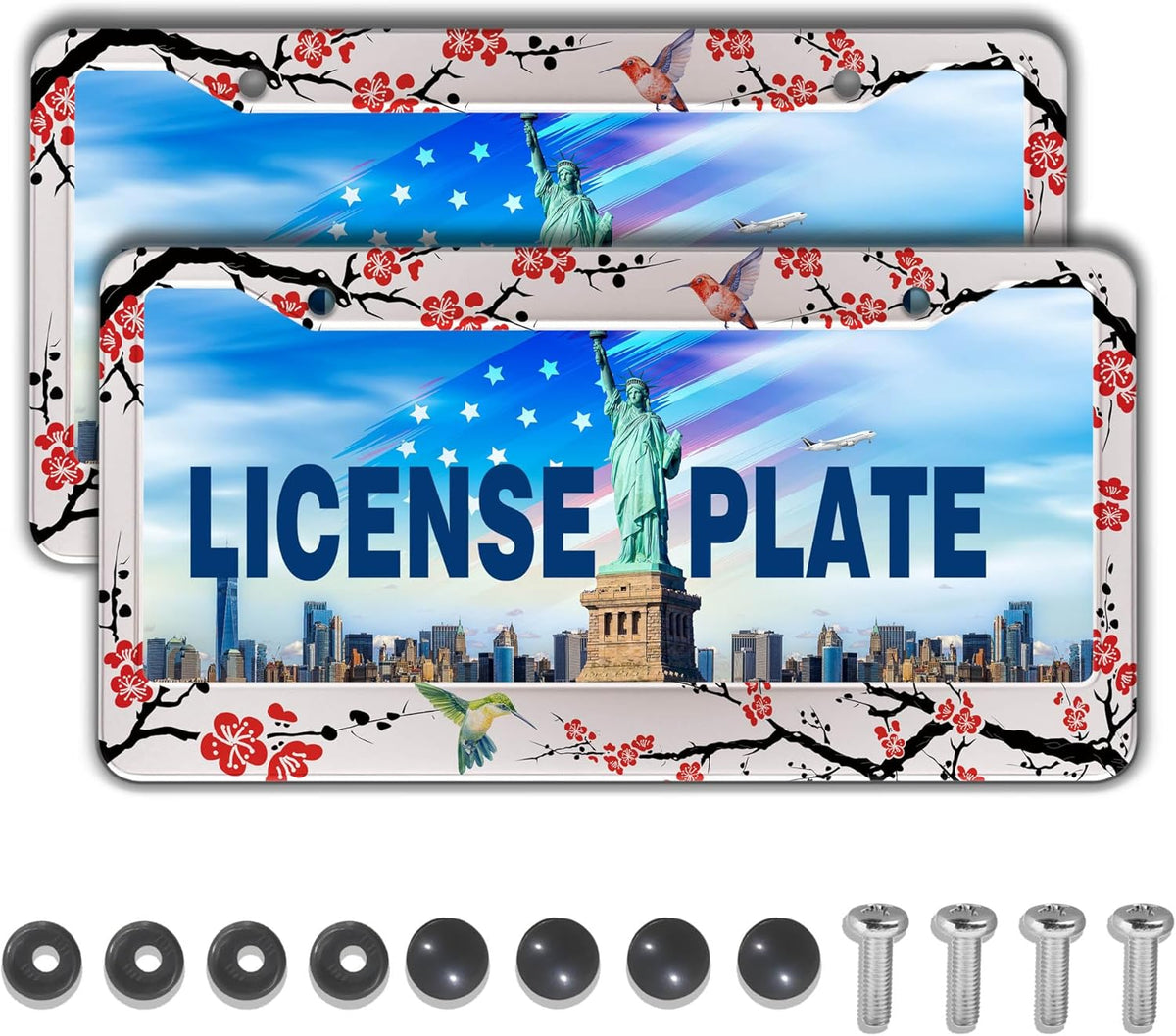Automotive Exterior Accessories Black, White, and Red License Plate Frames Hummingbird Flowers Universal Aluminum Car Accessory 2 Pack with Screw Covers Set
