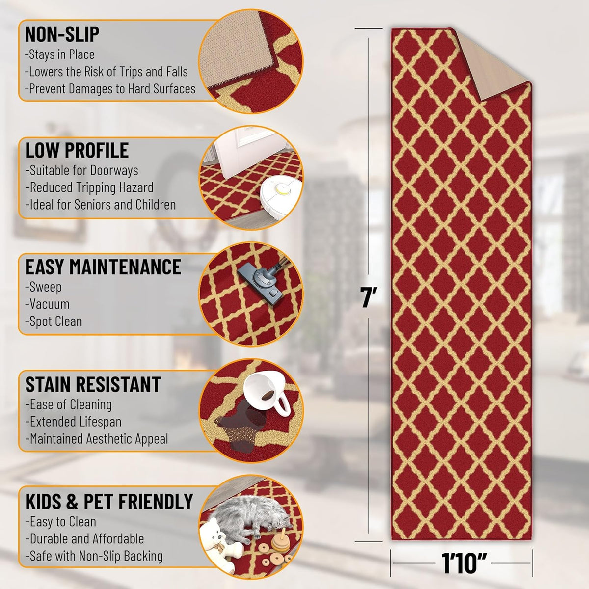 Ottomanson Hallway Runner Rug 1'10" x 7' Non Slip Trellis Area Rugs Easy to Clean Laundry Rug Runner Durable & Pet Friendly Floor Carpet Runners for Hallways Entryway Living Room Kitchen Bathroom, Red