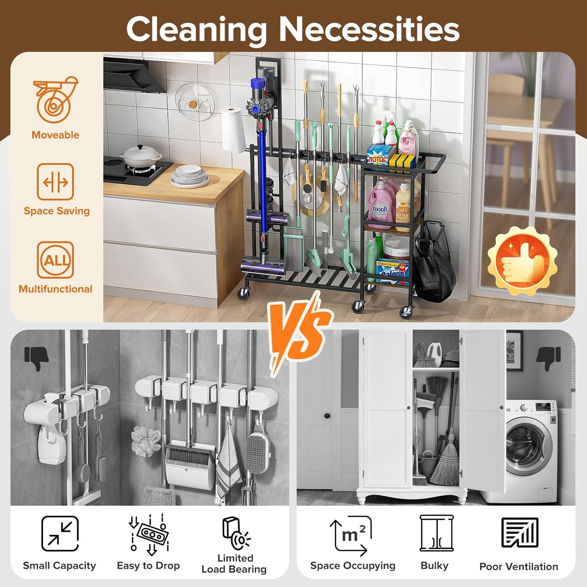 Cleaning Utility Cart on Wheels, Multifunctional Cleaning Tools Supplies Organizer with Broom and Mop Holder, Vacuum Stand Compatible with Dyson, Rolling Storage Caddy Cart for Home