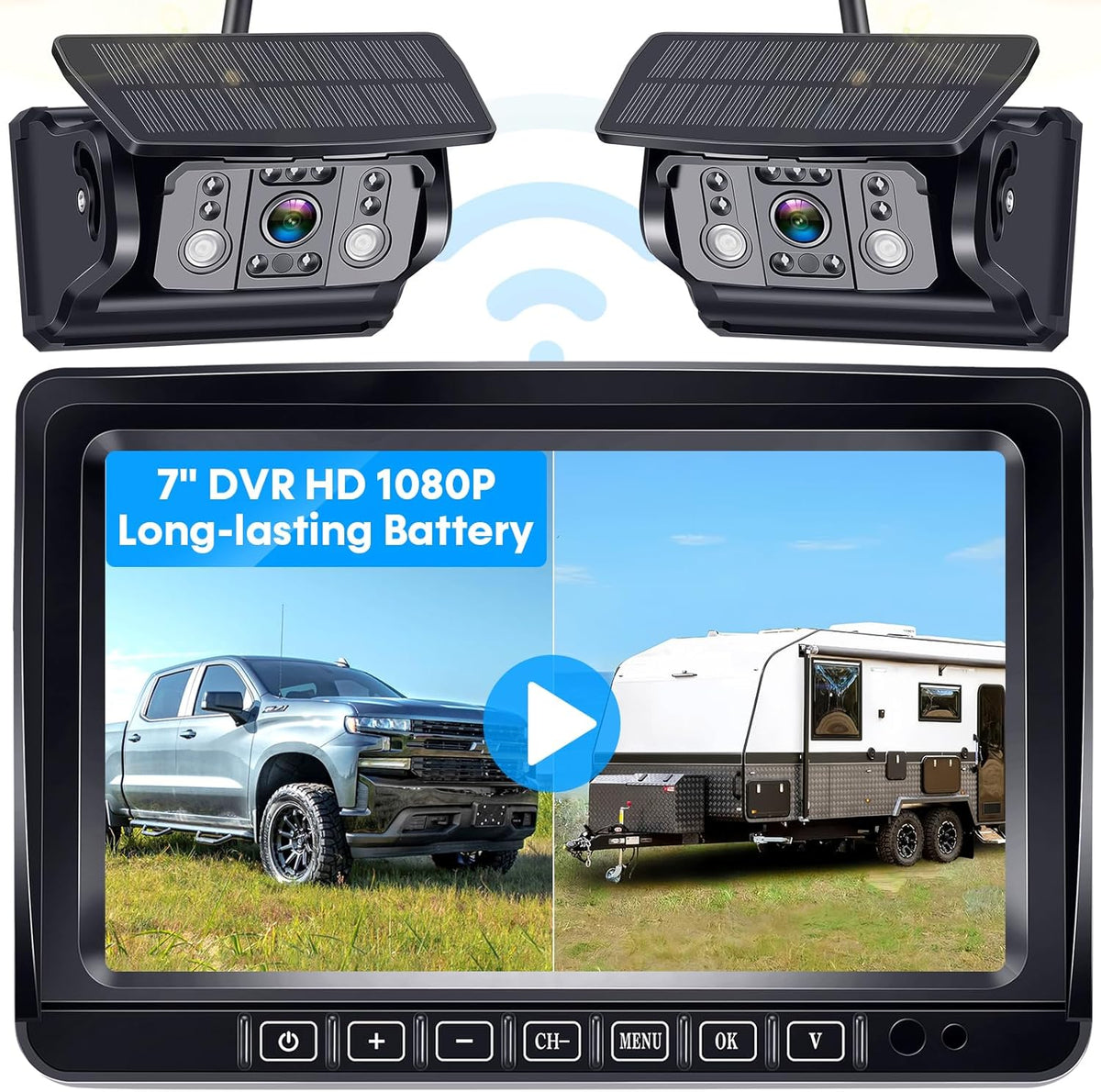 Dual RV Backup Camera Wireless for Trailer: Easy Setup Solar RV Rear View Camera with 7-inch Recording Monitor - 4 Channels Strong Magnetic HD 1080P Long-Battery Life for Camper, Truck, Fifth Wheel