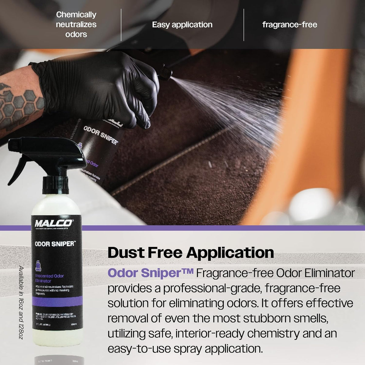 Malco Odor Sniper - Fragrance-Free Odor Eliminator for Car Interiors/Penetrates Odors at the Source/Chemically Neutralizes Foul Scents in Your Vehicle / 16 Oz. (199016)