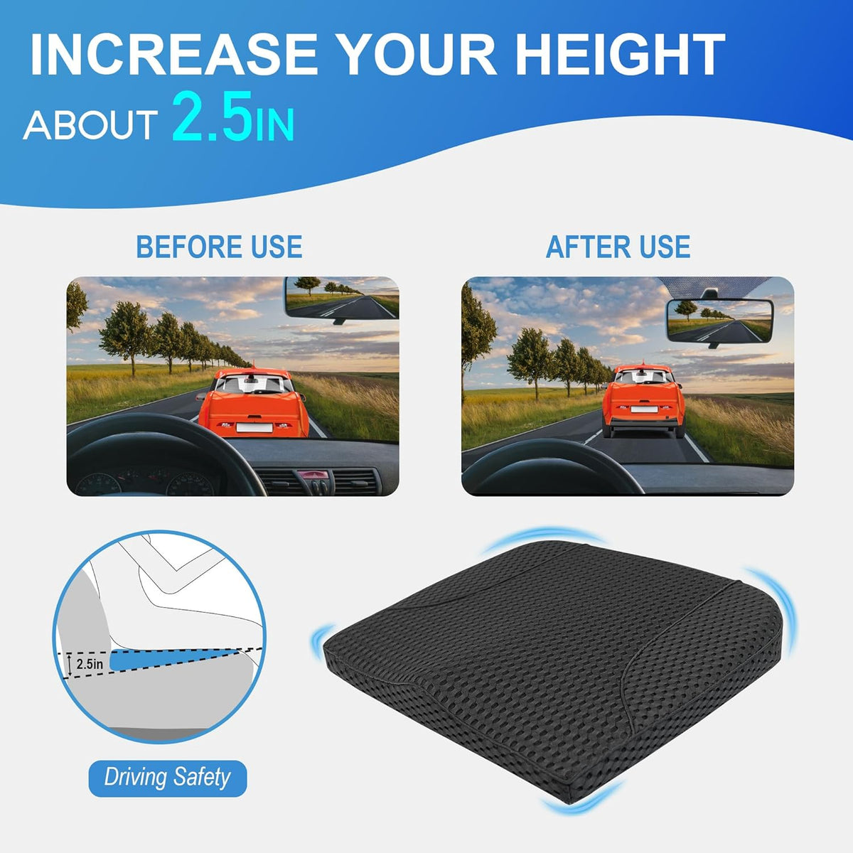 Car Seat Cushion, Comfortable Memory Foam Seat Pillow for Driving, Sciatica-Back Pain Relief, Cushion for Car-Truck, Office, Wheelchair - Mesh Black