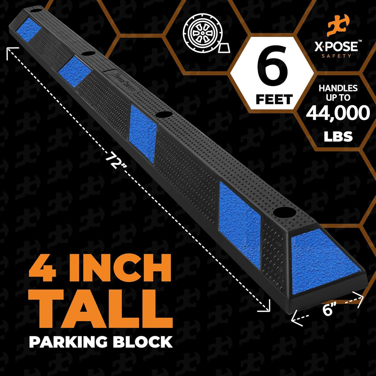 Xpose Safety 72" Heavy Duty Rubber Parking Stopper – Bulk Half Pallet 24 Pack Wheel Blocks for Garage, Driveway, or Ramp – Car Bumper Stop with Blue Reflective Strips – Removable Floor Mount