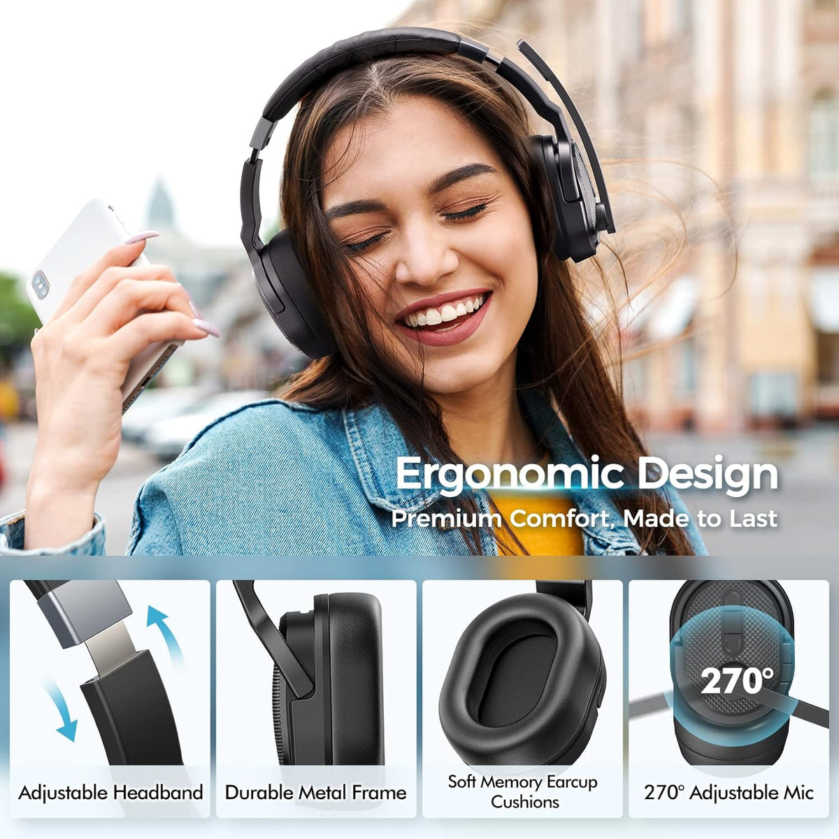 Trucker Bluetooth Headset with Dongle, Wireless Headsets with Noise Cancelling Microphone, 50+Hrs HD Talktime Bluetooth Headphones with Detachable Earpad/Single+Dual Mode for Office/Driving