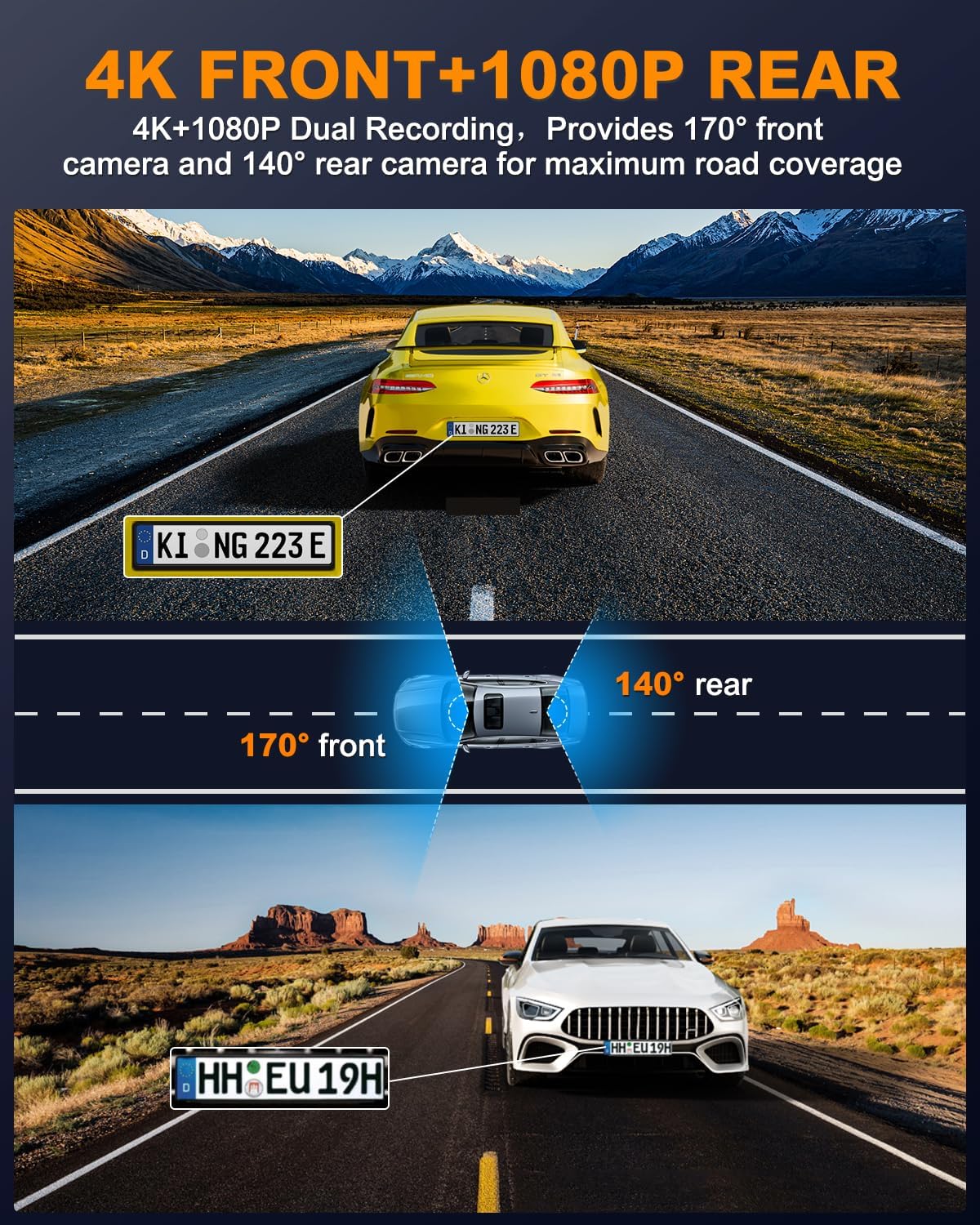 Dash Cam Front and Rear 4K, Built-in 5GHz WiFi with CPL, Dual Dashcams for Cars with 64GB Card, 24H Parking Mode, WDR, Ultra HD Night Vision, G-Sensor, Loop Recording, App Control, Support 256GB Max