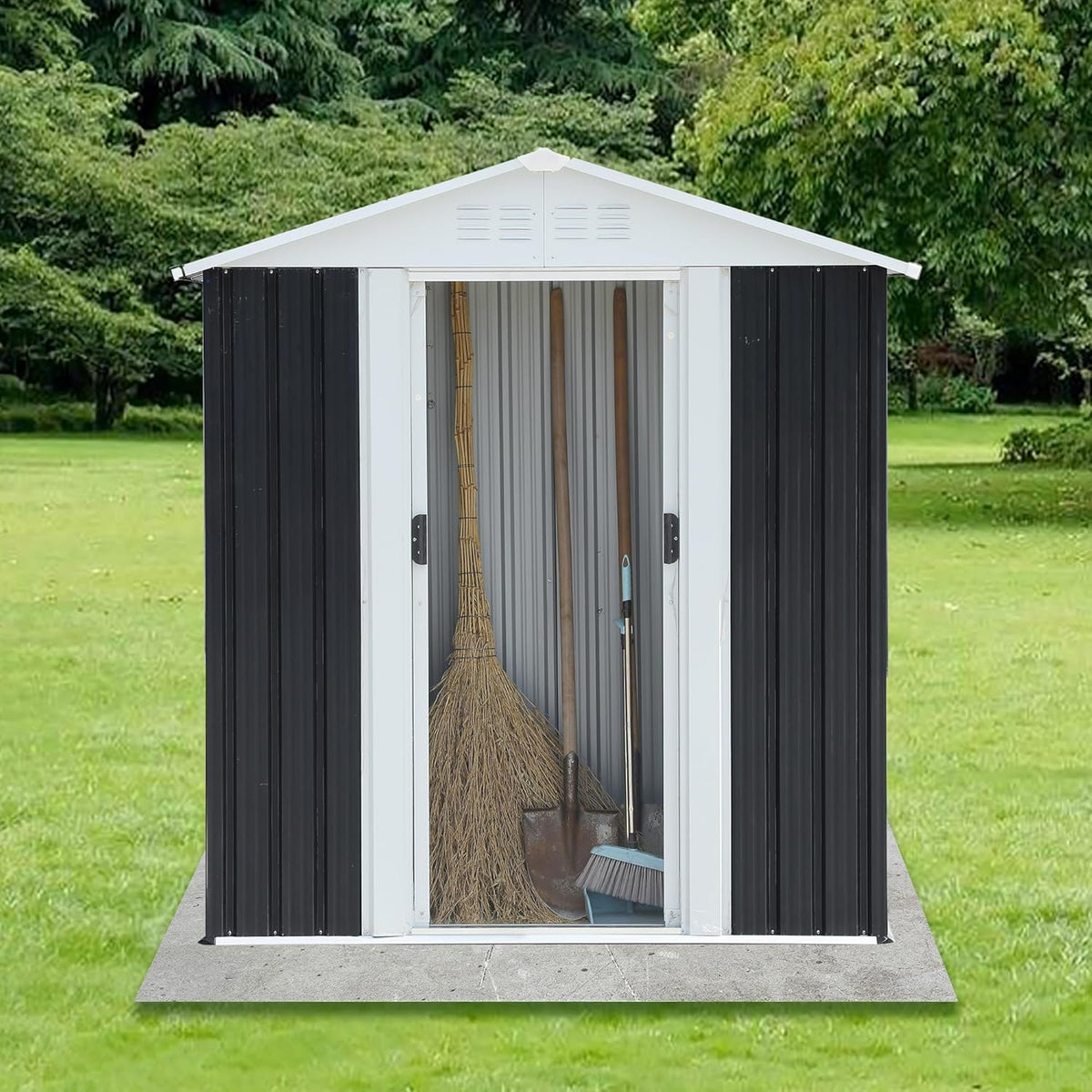 5X3 FT Outdoor Storage Shed with Floor Base, Waterproof Metal Garden Sheds w/Lockable Sliding Doors and Vents, Weather Resistant Tool Storage House for Backyard, Patio, Lawn, Dark Grey