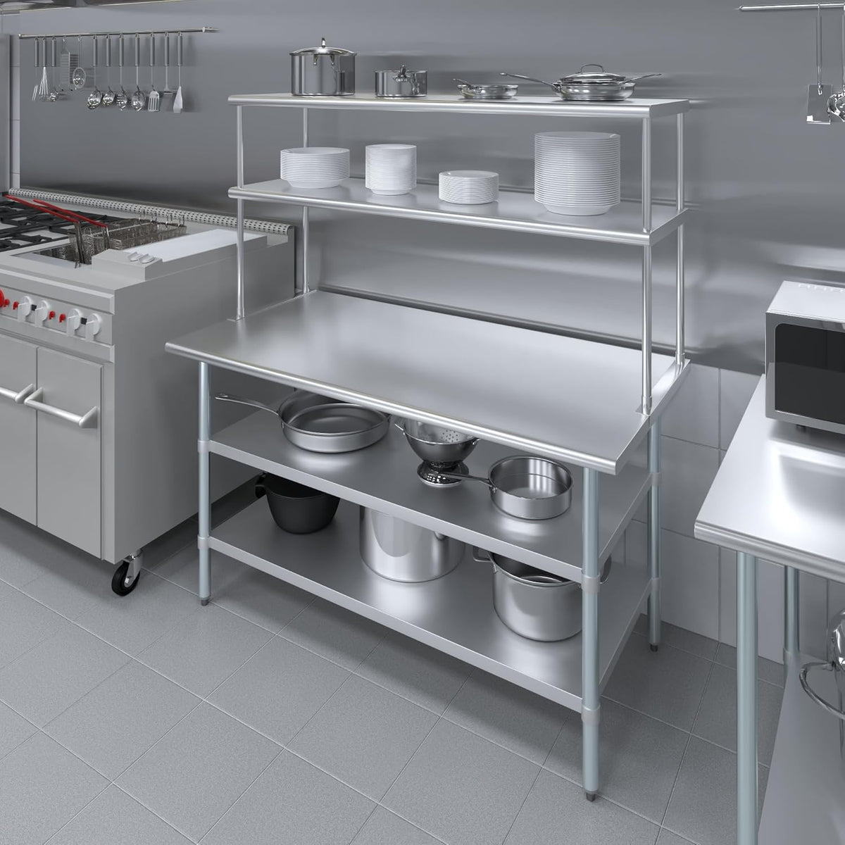 Amgood Stainless Steel Work Table with 2 Shelves | Metal Kitchen Prep Table & Shelving Combo (30" x 60" Table with 2 Shelves + 18" Overshelf)