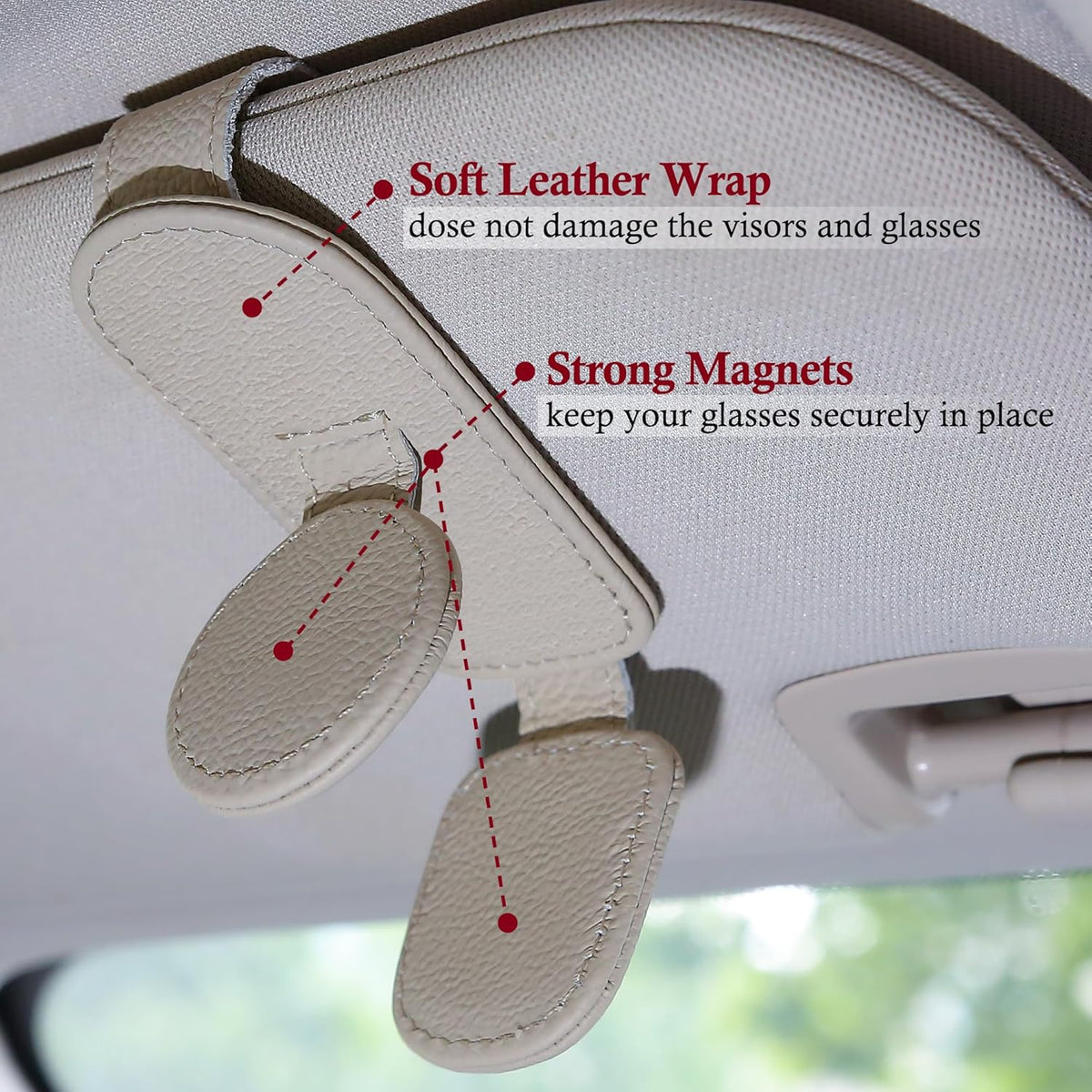 KIWEN 2 Pack Sunglasses Holder for Car Visor, Magnetic Leather Sunglass Eyeglass Hanger Clip for Car Sun Visor Accessories (2, Beige)