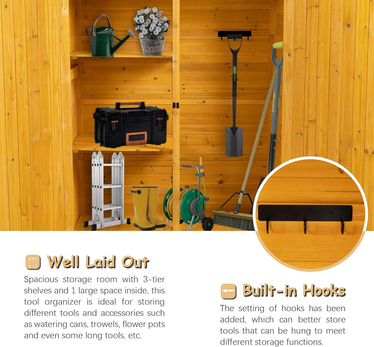 56" L x 19.5" W x 64" H Outdoor Wooden Storage Shed with Lockable Door, Waterproof Roof,Detachable Shelves for Garden Tools,Natural Wood
