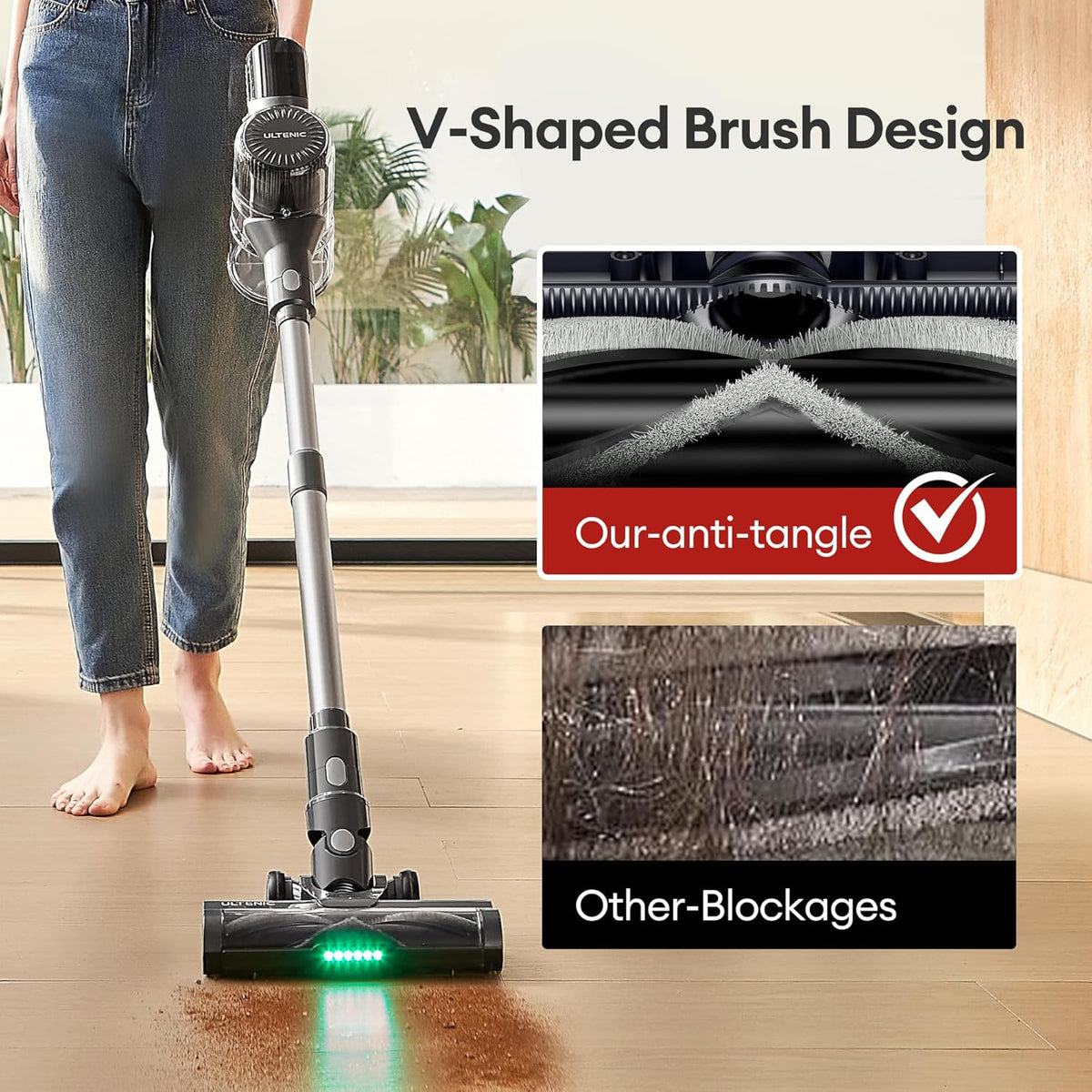 Ultenic Cordless Vacuum Cleaner, 450W 40Kpa Stick Vacuum with Car Dashboard Screen, Tangle-Free Brush for Pet Hair, Max 45mins Runtime, LED Display Tools for Hard Floor, Carpet, Car Cleaning, U12