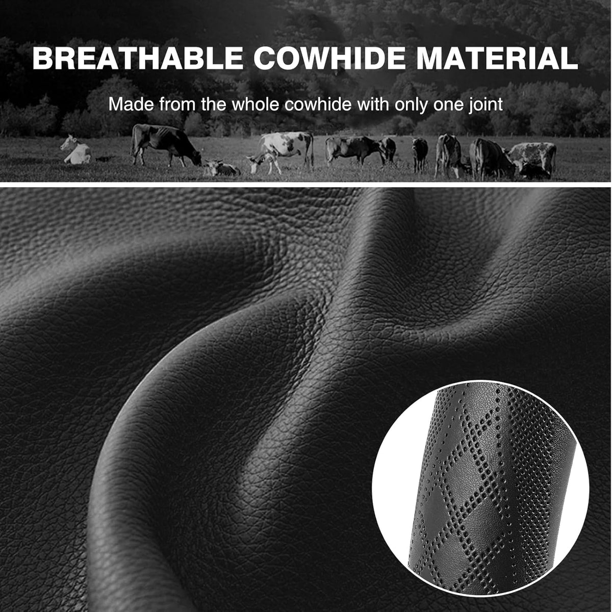 【2025 Model】 High-Grade Real Cowhide Steering Wheel Cover，Black Genuine Leather Steering Wheel Cover for Cars,Universal 15 inch Steering Wheels,Grid & Square Motif