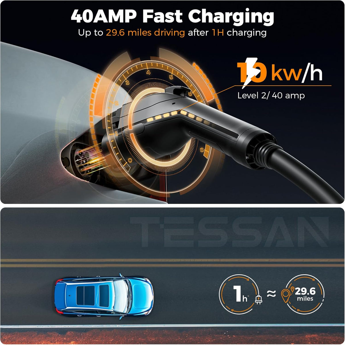 EV Charger Level 2, TESSAN 40A/240V Electric Vehicle Fast Charging Station for Home, Electric Car Charger Equipment 25ft Cable with Holder for Indoor, Outdoor, NEMA 14-50 Plug