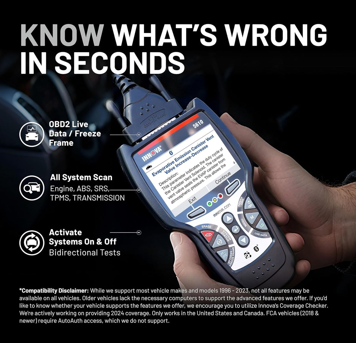 Innova 5610 OBD2 Bidirectional Scan Tool - Understand Your Vehicle, Pinpoint What's Wrong, and Complete Your Repairs with Less Headache, Updates Included, US-Based Technical Support