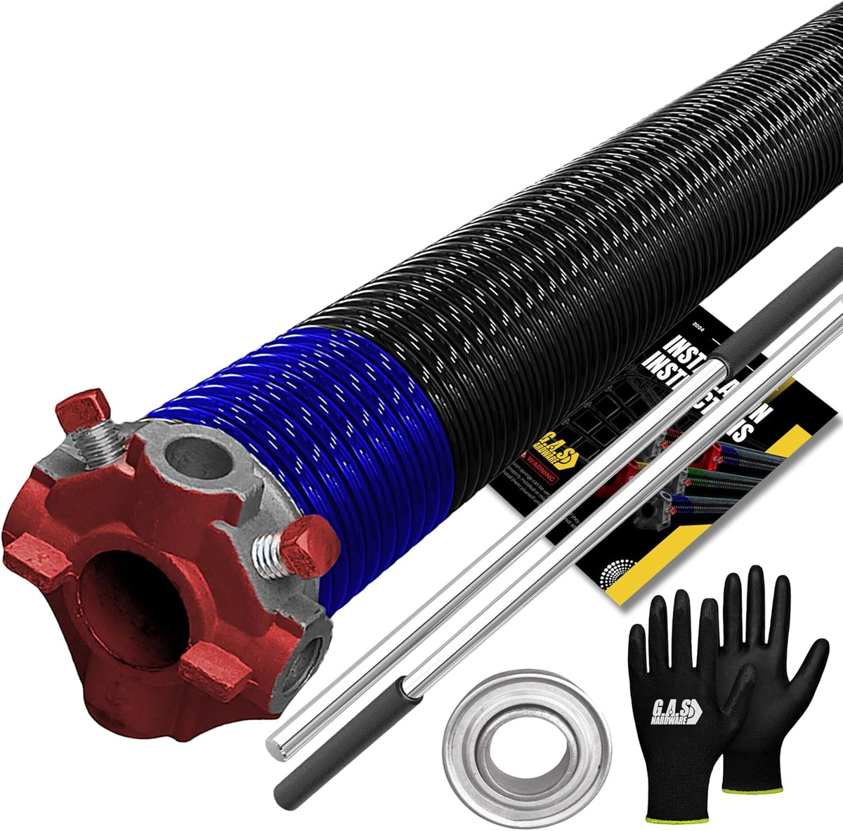 Garage Door Torsion Spring 262x1.75x48 Includes 1” Steel Bearing, Non-Slip Gloves, and Winding Bars for Left Side of Garage Door Precision E-Coating 5-Year Warranty Min. 30,000 Cycles (Red Cone)