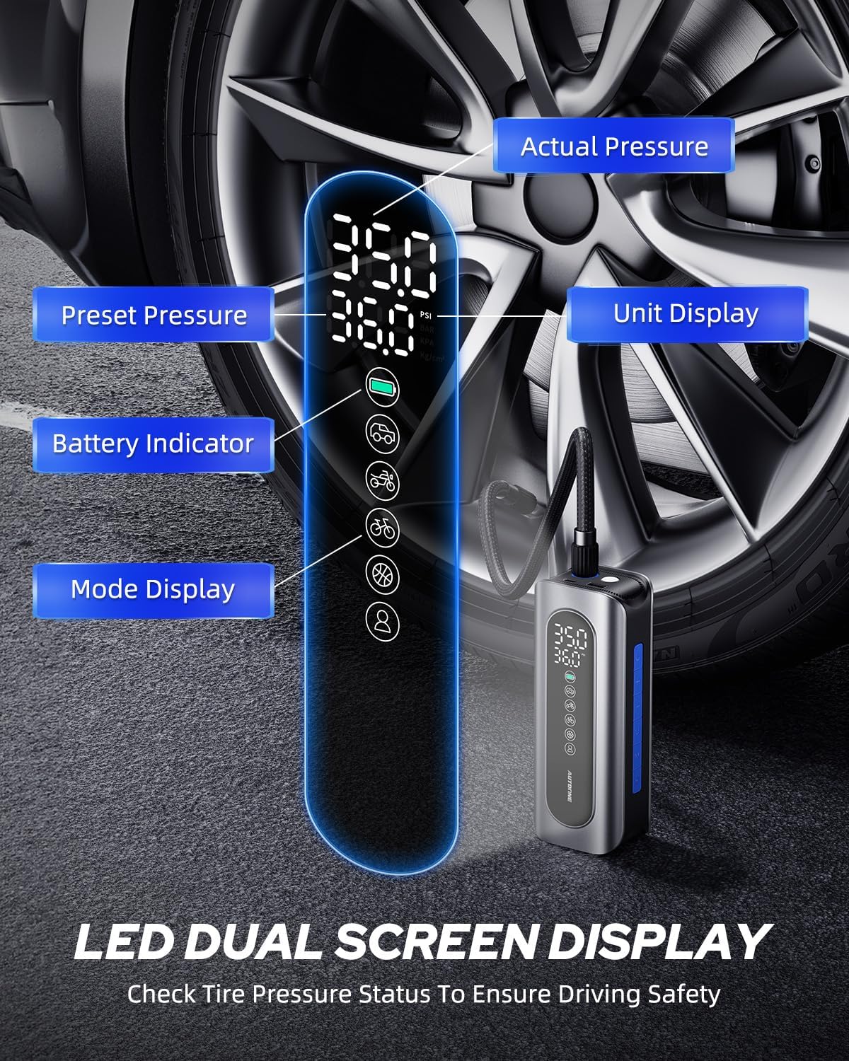 AUTOONE Tire Inflator Portable Air Compressor - 4X Faster 150PSI Cordless Air Pump with Digital Tire Pressure Gauge, 12V Car Power Adapter - For Car, Motorcycle, Bike, Ball and More