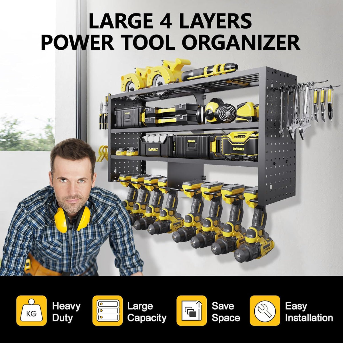 Large Power Tool Organizer Wall Mount, 4 Layer Garage Storage Cordless Tool Organizer with 8 Drills Holder, Heavy Duty Premium Metal Load 400 lbs, Ideal Garage Organization Gifts for Men
