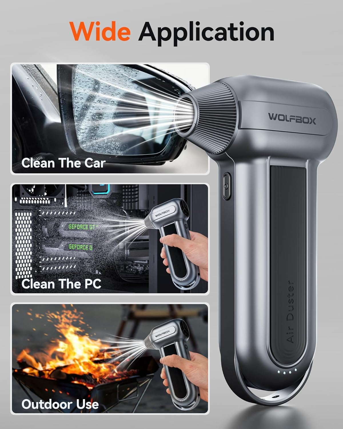 WOLFBOX MF100 Electric Air Duster-150000RPM Super Power Cordless Air Duster, Rechargeable Brushless Motor Durable Blower, 3-Gear Adjustable Dust Blower for Computer, Keyboard, Outdoor, House and Car