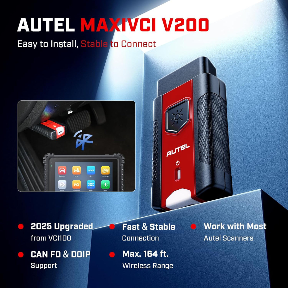 Autel MaxiVCI V200 VCI200 Wireless Dongle: 2025 VCI 200 OBD2 Connector 2.0 of VCI100 V100 Adapter Car Communication Interface for MaxiSys MS906 Pro MS906 Pro-TS S906 MAX KM100 BT608 BT609 ITS600 etc.