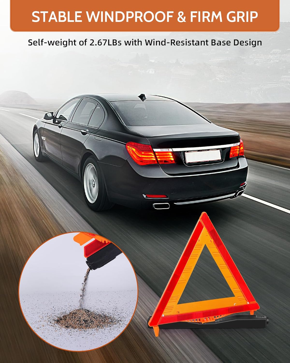 Noone Safety Triangles DOT Approved, 3 Pack Foldable Warning Reflective Triangles, US FMVSS 571 125 with Carrying Case, Heavy Base Emergency Roadside Triangles
