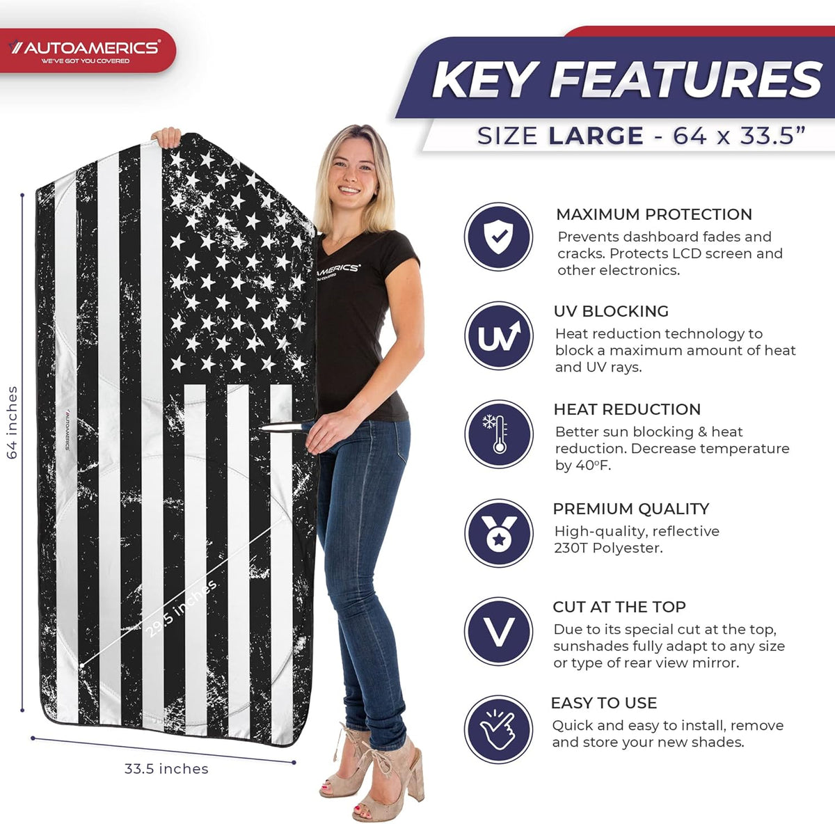 Autoamerics 1-Piece Windshield Sun Shade Grunge B&W American Flag USA Design - Foldable Car Front Window Sunshade for Most Sedans SUV Truck - Blocks Max UV Rays and Keeps Your Vehicle Cool - Large