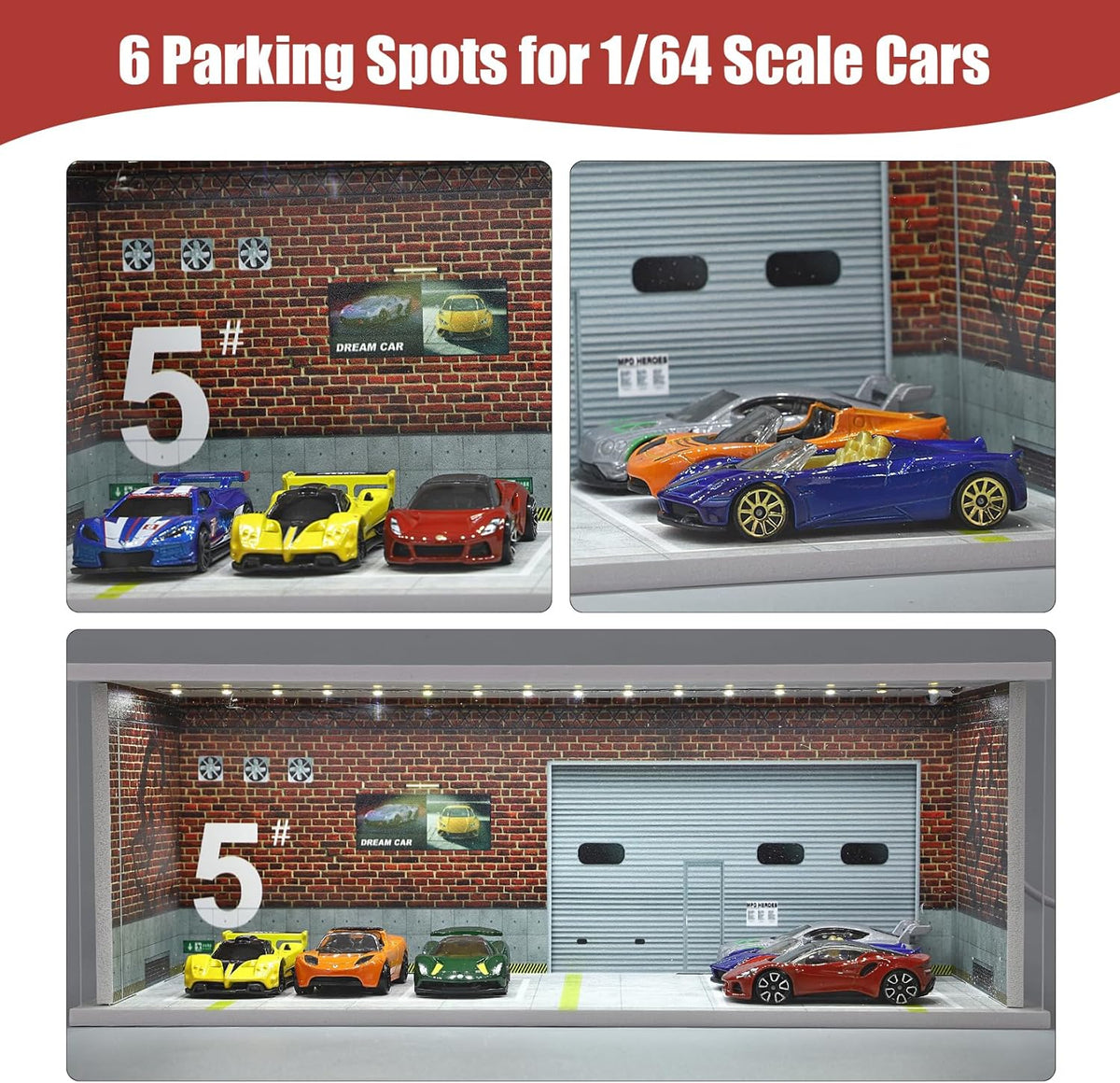 Display Case for Hot Wheels: Stackable Parking Garage for 1/64 Scale Matchbox Toy Car, FoamBoard Storage for Monster Trucks with LED Light and Acrylic Cover, Graffiti Wall