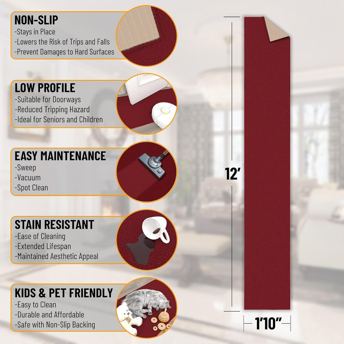 Ottomanson Hallway Runner Rug 1'10" x 12' Non Slip Solid Area Rugs Easy to Clean Laundry Rug Runner Durable & Pet Friendly Floor Carpet Runners for Hallways Entryway Living Room Kitchen, Red