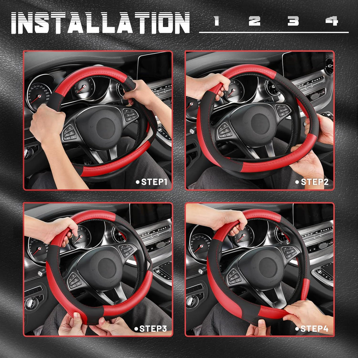 SEG Direct Car Steering Wheel Cover for Prius Civic Model 3 Model Y Camaro, Small Size 14-14.25 inch, Black and Red Microfiber Leather
