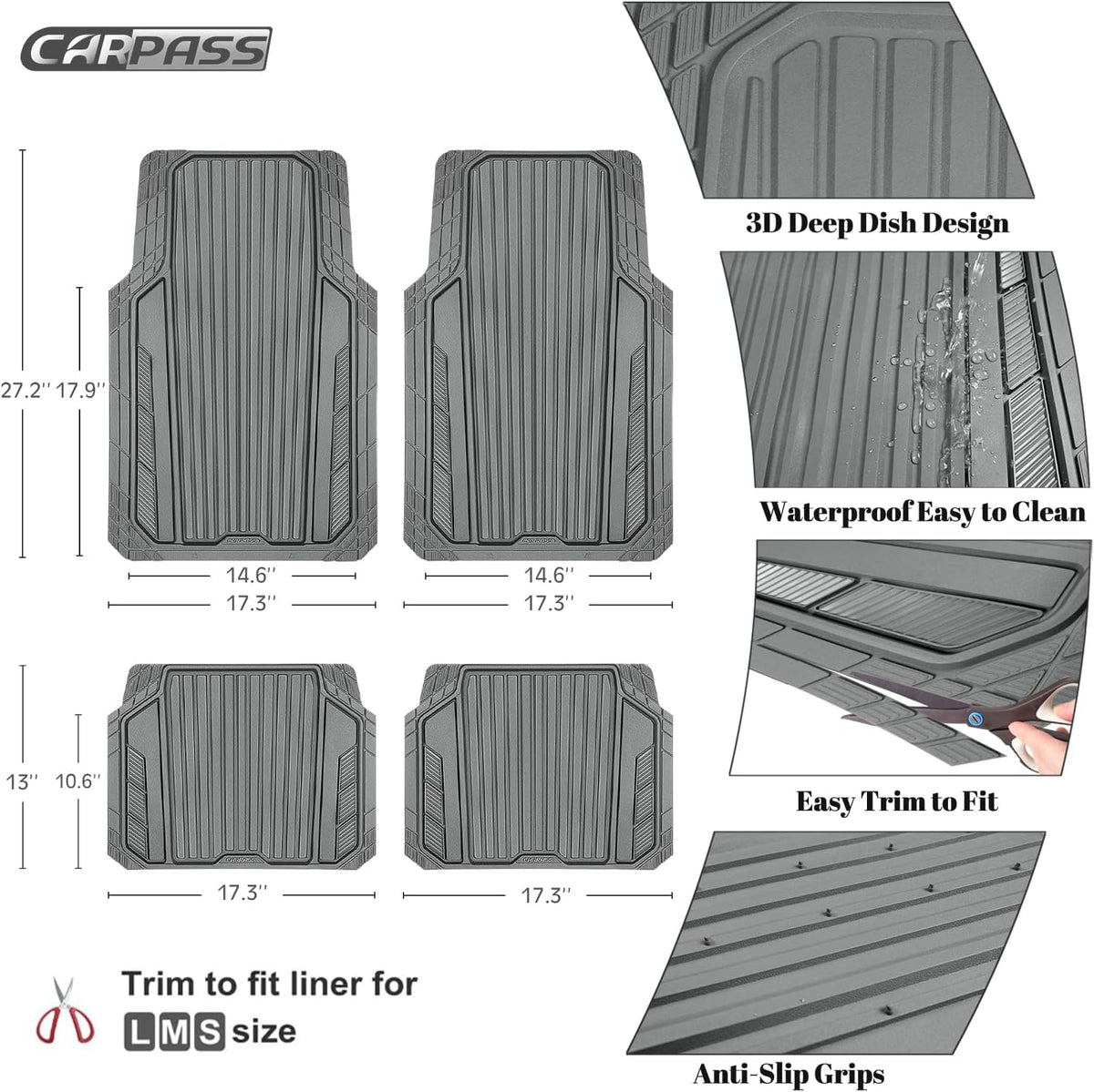 CAR PASS Heavy Duty Sporty Rubber Car Mats, Deep Dish All Weather Car Floor Mats Full Set, Waterproof Anti-Slip Automotive Matts Rugs Trim to Fit for Most Sedans SUVs Vans, 4-Piece All Gray