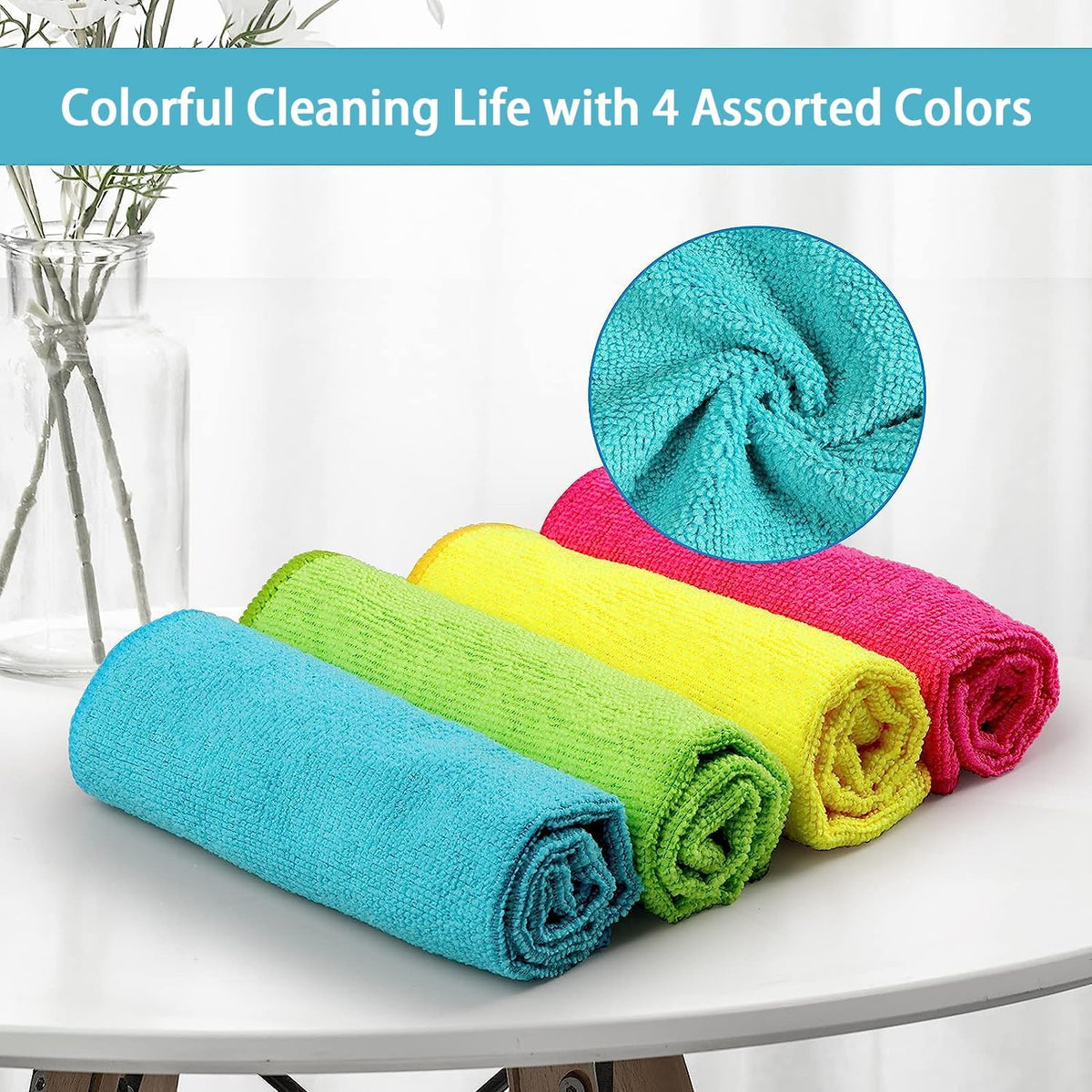 HOMEXCEL Microfiber Cleaning Cloth,12 Pack Cleaning Rags, Cleaning Towels with 4 Color Assorted, 11.5"X11.5"(Green/Blue/Yellow/Pink)