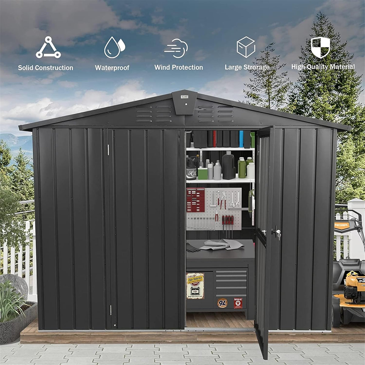 IKERY Galvanized Steel Storage Shed 8.2' x 6.2' with Lockable Door - Large Metal Garden Shed for Bikes, Trash Cans, Outdoor Storage - Backyard, Patio - Dark Gray