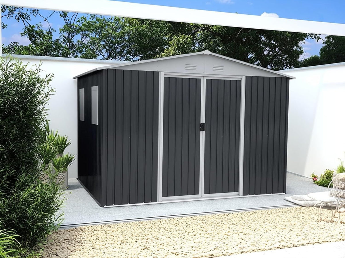 12x10 FT Outdoor Storage Shed with 4 Windows, Durable Metal Garden Sheds w/Updated Frame and Lockable Sliding Doors, Waterproof All-Weather Shelter Tool House for Backyard, Patio, Lawn, Grey