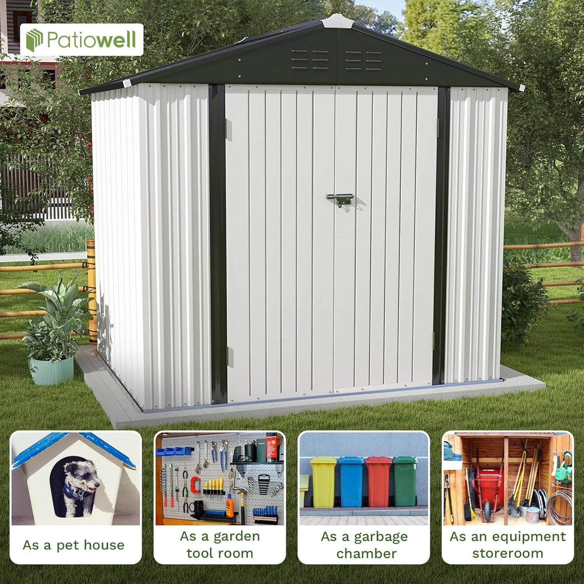 Patiowell Outdoor Storage Shed 8x6 FT, Garden Tool Storage Shed with Sloping Roof and Double Lockable Door, Outdoor Shed for Backyard Garden Patio Lawn, White