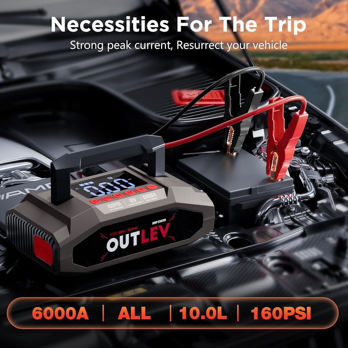 Jump Starter with Air Compressor (6000A 160PSI) - All-in-One Portable Jump Starter for Cars, Trucks, RV, Boat - Fast Charging, Safety Protection, Essential for Road Trips & Emergencies