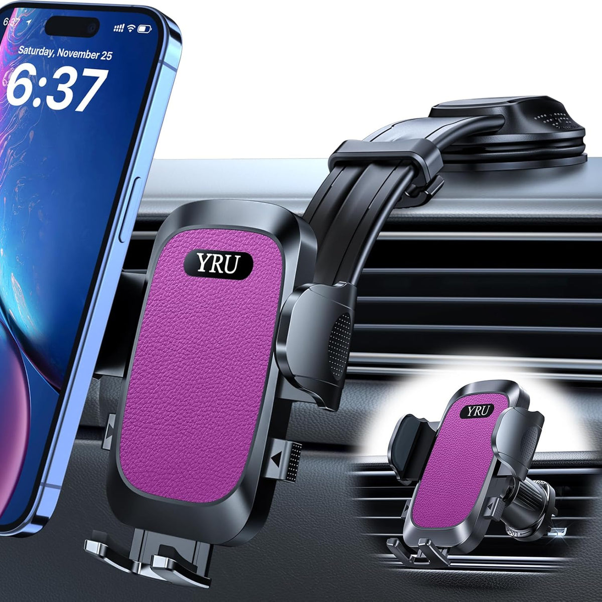 YRU [2025 Ultimate Car Phone Holder Mount [Bendable & Adjustable Aluminum Arm] Cell Phone Holder for Car Dashboard Windshield Phone Stand for iPhone 16 15 14 13 Pro Max Samsung Pickup Truck, Rose Red