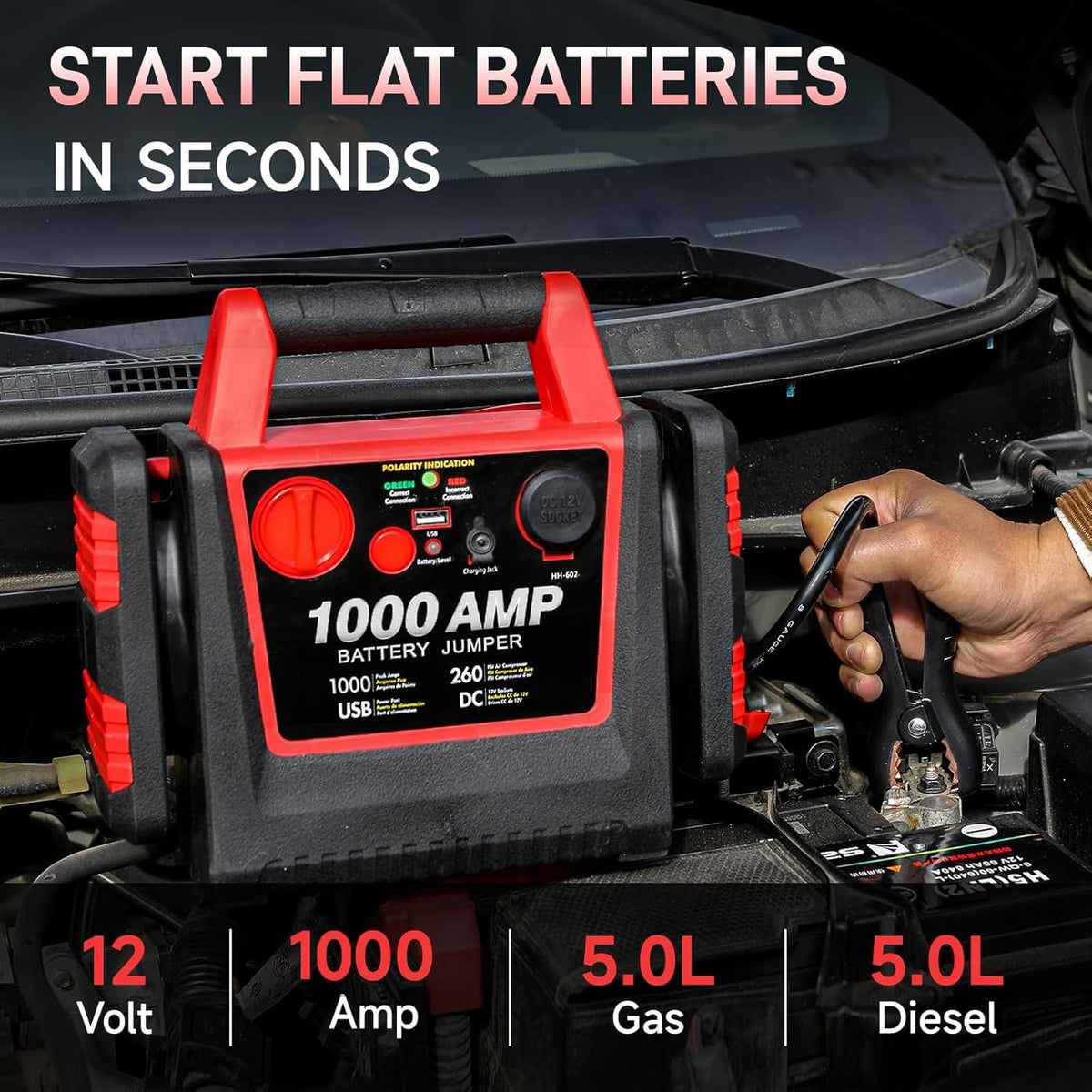 Car Battery Jump Starter with Air Compressor 1000Amp Portable Jump Starter(Satisfy 5L Gas/Diesel),12V Car Battery Charger with 260PSI Tire Inflator, Jumper Cable with USB/DC Port